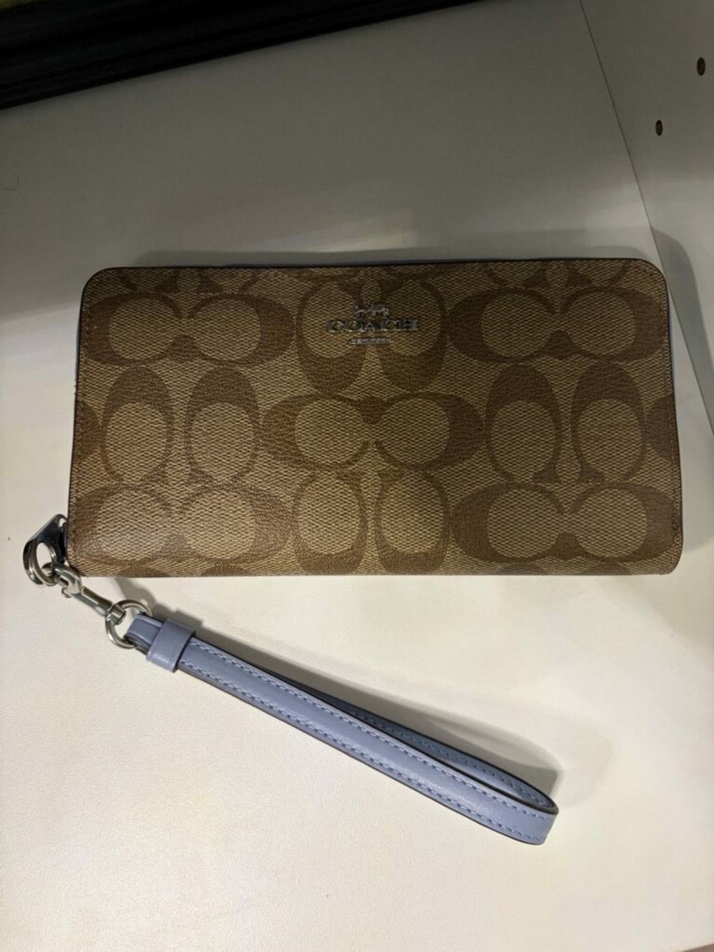 Coach Brown Signature Canvas Zip Wallet with Light Blue Detachable Wristlet